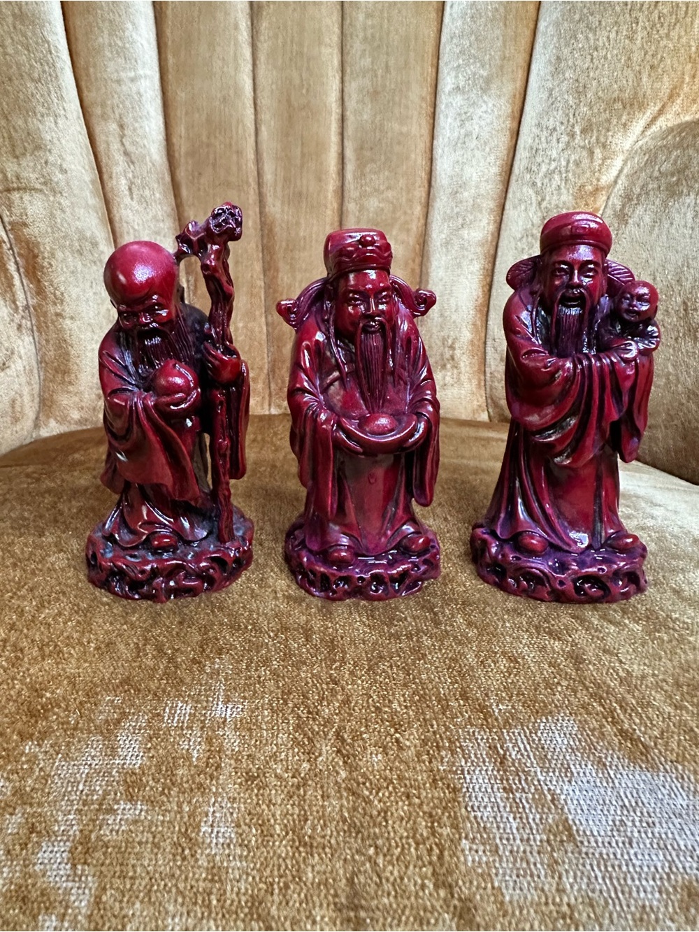 Set of 3 Vintage Red Resin Statues of the Chinese Star Gods Feng Shui